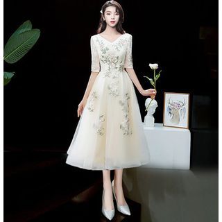 Short-Sleeve V-Neck Floral Embroidered A-Line Evening Gown