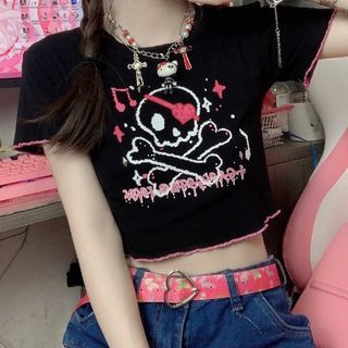 Crop Print Short-Sleeve Skull Neck Crew Trim Contrast Tee