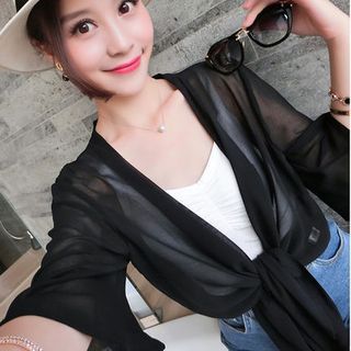 Tie Front Crop Plain Chiffon Elbow-Sleeve Jacket