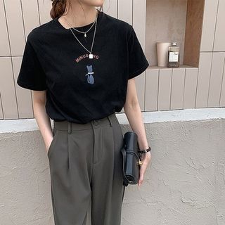 T-Shirt Crew Short-Sleeve Cat Print Neck