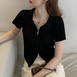 Plain Knit Polo Top Short-Sleeve Zip