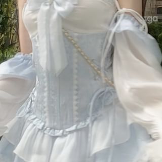 Off-Shoulder Trim Lace Tone Puff-Sleeve A-Line Dress Lace-Up Patterned Belt Corset Mini Two /