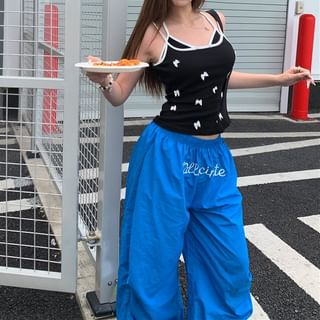 Leg / Cami Waist Elastic Bow Wide Plain Top Pants