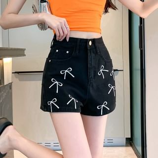 Bowknot Print High Waist Straight Cutting Denim Shorts Egirldoll