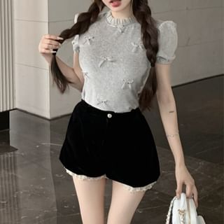 High Waist Frill Crew / Plain Bow Shorts Top Short Neck Panel Sleeve Velvet