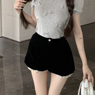 High Waist Frill Crew / Plain Bow Shorts Top Short Neck Panel Sleeve Velvet