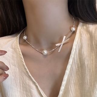 Ribbon Faux Pearl Choker Alloy