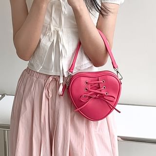 Leather Lace-Up Faux Crossbody Strap Bag Shaped Heart Chain