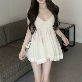 Trim Sundress Lace V-Neck Spaghetti Mini Plain Strap