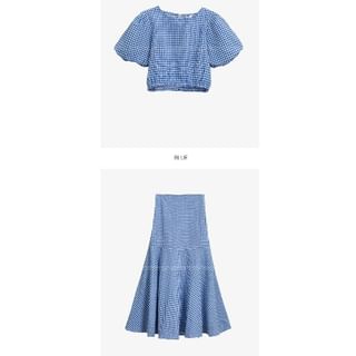 Set: Puff Sleeve Crew Neck Plaid Crop Top + High Rise Midi A-Line Skirt