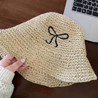 Knit Bucket Embroidered Bow Hat