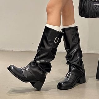 Heel Chunky Plain Boots Tall Buckled Faux Leather