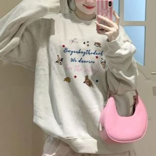 Round Neck Lettering Cartoon Embroidered Sweatshirt