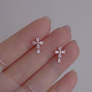 Boucles d'oreilles à tige en argent sterling 925 avec croix et strass