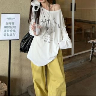 Long Sleeve Cold-Shoulder Graphic & Lettering Print Loose-Fit Pullover / High Waist Loose-Fit Wide-Leg Cargo Pants