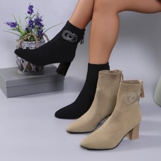 Accent Socks Short Chunky Boots Toe Pointed Rhinestone Heel