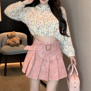 Dotted Sweater Mock A-Line Skirt Neck Mini High Pleated Washed Cropped Rise /