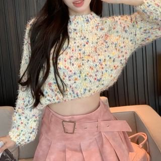 Dotted Sweater Mock A-Line Skirt Neck Mini High Pleated Washed Cropped Rise /