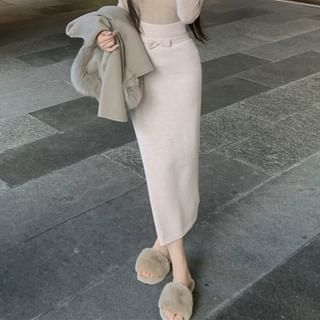 High Pencil / Sleeve Long Plain Bow Top Rise Knit Maxi Skirt V-Neck