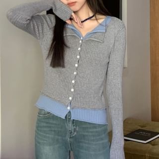 Split Neck Mock Two-Piece Two Tone Button-Up Cardigan