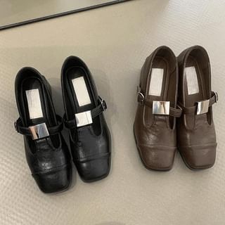 Heel Faux Plain Mary Square Leather Jane Toe Pumps Chunky T-Strap