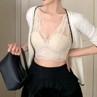 Shorts 3/4 V-Neck Top Cardigan Cami Lace / Sleeve Rise Mid Crop Plain