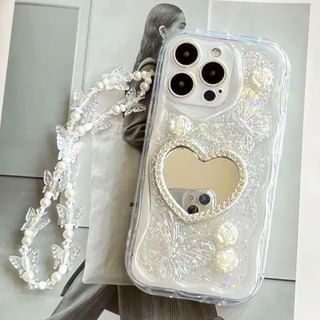Pearl Phone Heart Faux / Case Set Mirrored Strap