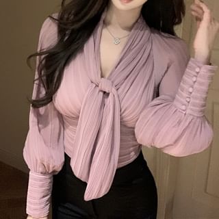 Tie-Neck Puff-Sleeve Plain Blouse Ruched