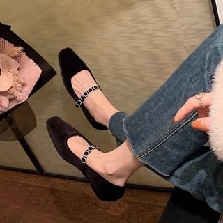 Jane Velvet Rhinestone Accent Pumps Low Mary Heel