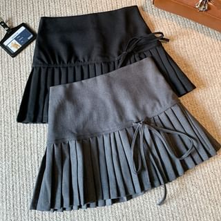 Mini High Plain A-Line Bow Pleated Accent Waist Skirt
