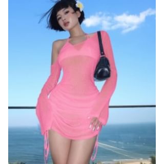 Tee One-Shoulder Long-Sleeve Drawstring Plain Sheer