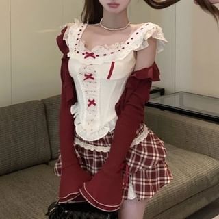 Top Panel A-Line Cardigan / Print Plaid Skirt Floral Striped Ruffle High Bow Sleeveless Waist Mini