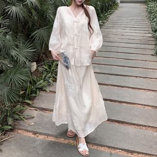 Set High Blouse Skirt Plain Rise Embroidered Top Maxi A-Line Puff-Sleeve Shorts / Flower V-Neck Camisole