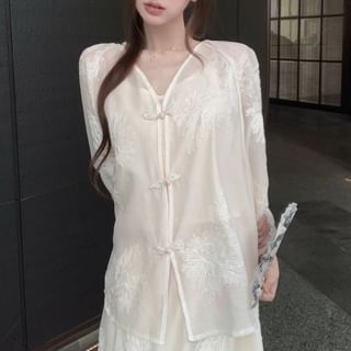 Set High Blouse Skirt Plain Rise Embroidered Top Maxi A-Line Puff-Sleeve Shorts / Flower V-Neck Camisole