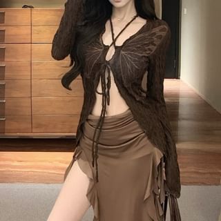 Print Sleeve Dress / Front Tie Bodycon Top Strapless V-Neck Ruffle Trim Butterfly Midi Plain Long