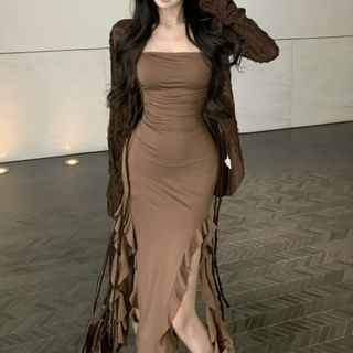 Print Sleeve Dress / Front Tie Bodycon Top Strapless V-Neck Ruffle Trim Butterfly Midi Plain Long