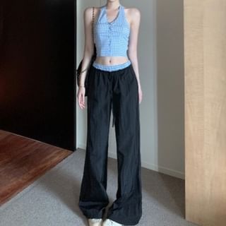 Top Gingham Leg Low Wide V-Neck Pants Halter Crop / Waist Button-Up