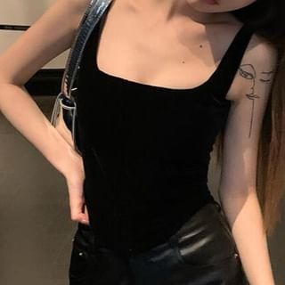 Leather Top Neck High Faux Rise Plain / Flared Square Camisole Pants