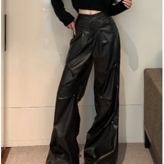 Leather Faux Crop / Long-Sleeve High Neck Pants Wide Leg Round Rise Plain Top
