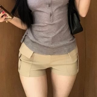 Waist Pants / Tee Hot High Plain Short-Sleeve Half-Buttoned Collared Slim Fit