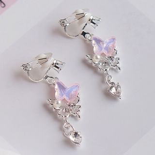 / Rhinestone Drop Earring Clip-On Pearl Faux Butterfly