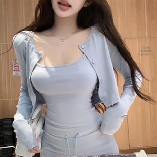 Cardigan Plain Button-Up Drawstring Crop Crew Pants Camisole Neck Flared Waist Top / Scoop