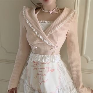Trim Crop Halter Long-Sleeve / Bow High Lace Set Half Accent Knit Rise A-Line Top Neck Plain Mini Tiered Two-Piece Mock Apron Skirt