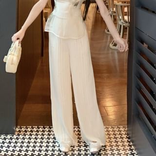 High Rise Cap-Sleeve Buttoned Wide Set Collar Leg Floral Plain Crop Frog Tube Slit Stand Embroidered Pants / Top