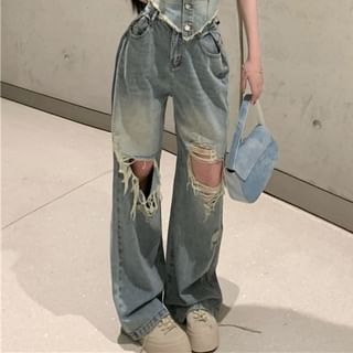 / Top Washed Rise Fit Denim Frayed Tube Button-Up Crop Jeans High Loose Ripped