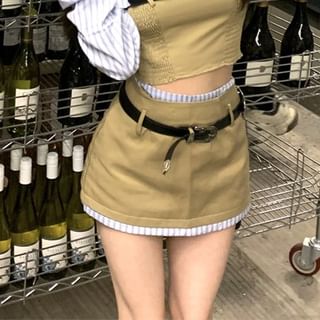 Blouse A-Line Smocked Two-Piece Set Off-Shoulder Skirt Striped Belt Long-Sleeve High Mock Panel Mini / Crop Waist