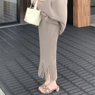 Fringe Skirt Plain Front Camisole Trim Waist Pencil Top Jacket High Open / Lace Maxi V-Neck