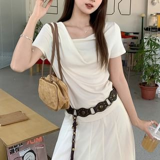 T-Shirt Fit Neck Short-Sleeve Slim Plain Ruched Cowl