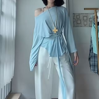 Plain Tee Neck Long-Sleeve Slim Off-Shoulder Asymmetrical Fit Sashed