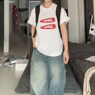 Round Neck Short-Sleeve Oversized Print T-Shirt